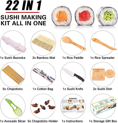 Sushi Making Kit, 22 in 1 Sushi Roller Sushi Maker Kit with Bamboo Sushi Rolling Mats, Bazooka, Chef's Knife, Chopsticks, Sauce Dishes, Rice Spreader, Avocado Slicer, Guide Book