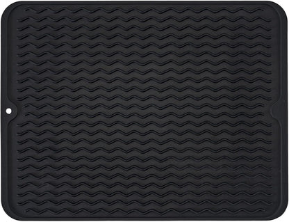 Large 17" x 14" Silicone Dish Drying Mat for Kitchen Counter, Easy clean, Quick Dry, Heat-resistant Dish Drainer Mat for Sink,Refrigerator or Drawer liner (Food Grade Silicone-Black)