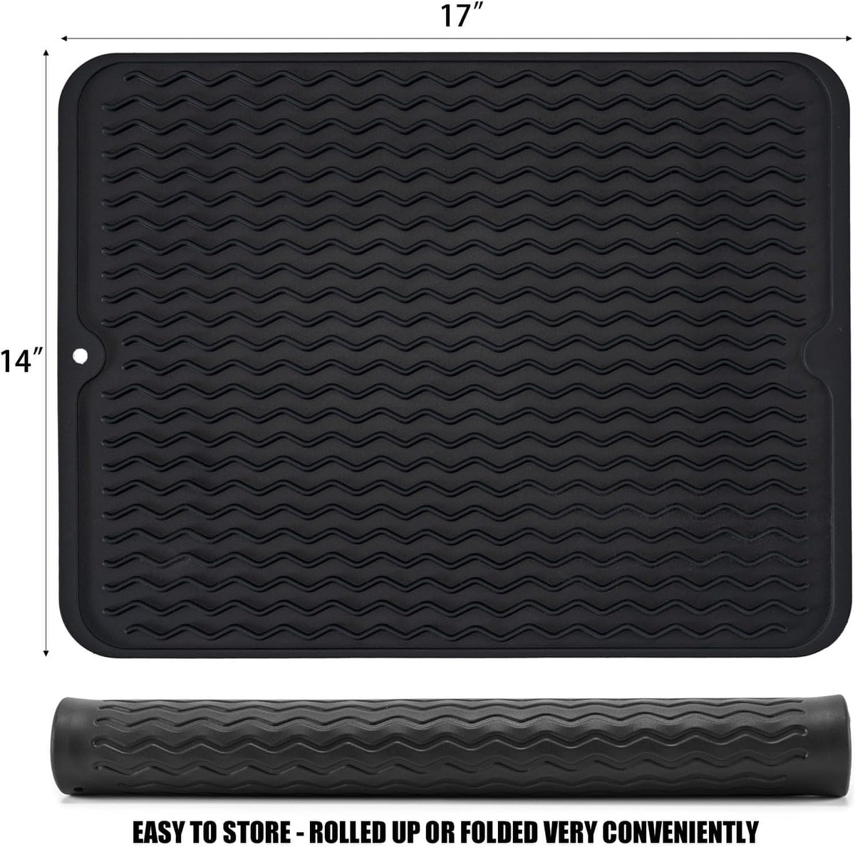 Large 17" x 14" Silicone Dish Drying Mat for Kitchen Counter, Easy clean, Quick Dry, Heat-resistant Dish Drainer Mat for Sink,Refrigerator or Drawer liner (Food Grade Silicone-Black)