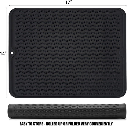 Large 17" x 14" Silicone Dish Drying Mat for Kitchen Counter, Easy clean, Quick Dry, Heat-resistant Dish Drainer Mat for Sink,Refrigerator or Drawer liner (Food Grade Silicone-Black)