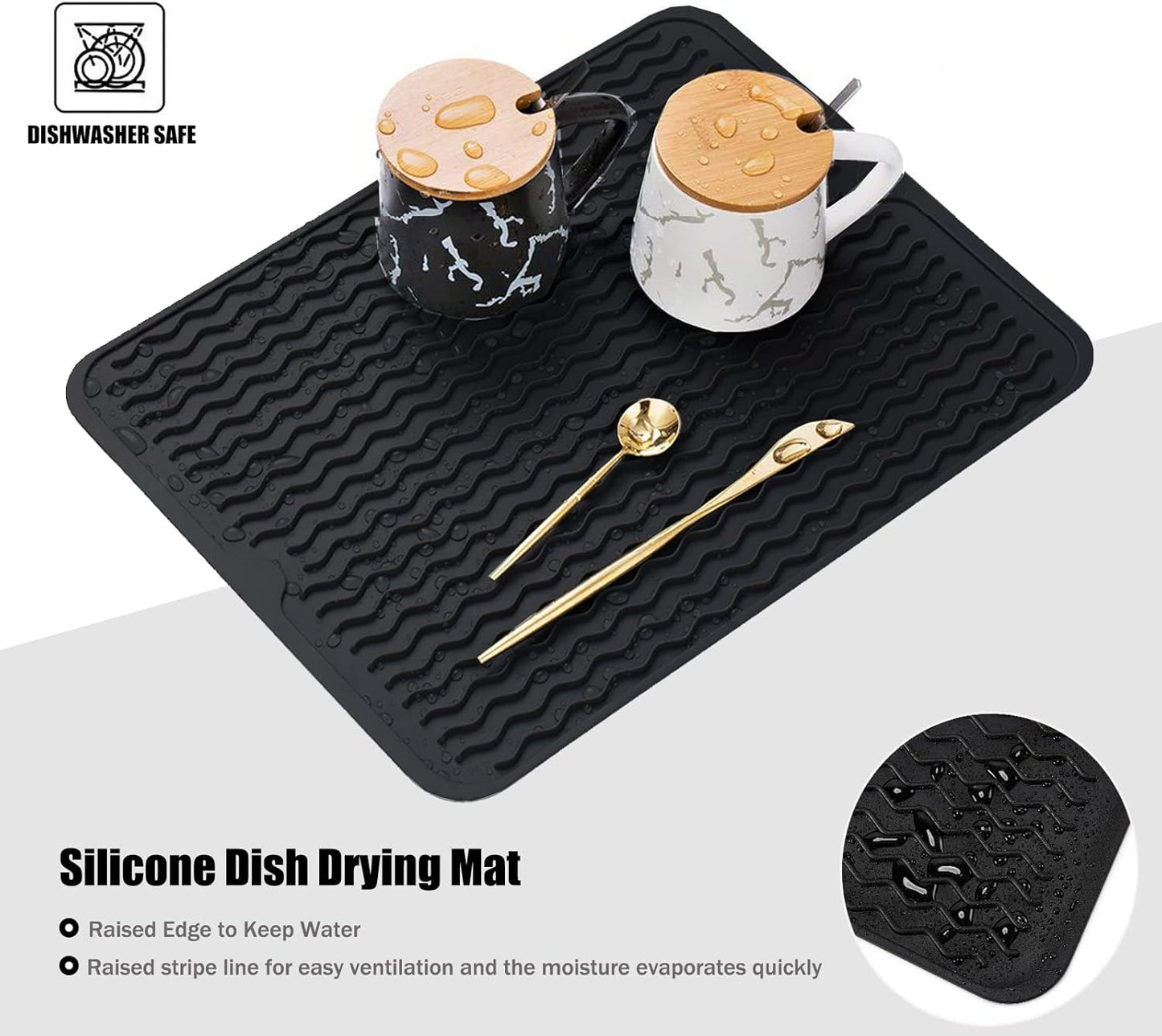 Large 17" x 14" Silicone Dish Drying Mat for Kitchen Counter, Easy clean, Quick Dry, Heat-resistant Dish Drainer Mat for Sink,Refrigerator or Drawer liner (Food Grade Silicone-Black)