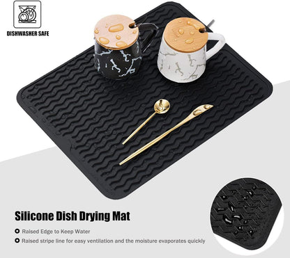 Large 17" x 14" Silicone Dish Drying Mat for Kitchen Counter, Easy clean, Quick Dry, Heat-resistant Dish Drainer Mat for Sink,Refrigerator or Drawer liner (Food Grade Silicone-Black)