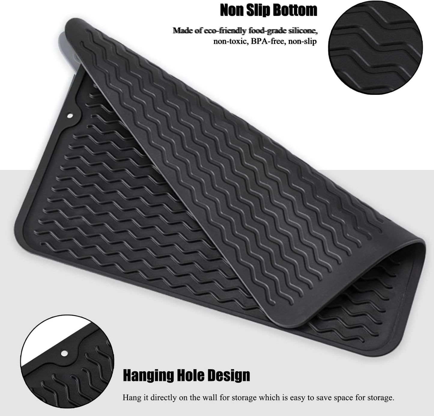 Large 17" x 14" Silicone Dish Drying Mat for Kitchen Counter, Easy clean, Quick Dry, Heat-resistant Dish Drainer Mat for Sink,Refrigerator or Drawer liner (Food Grade Silicone-Black)