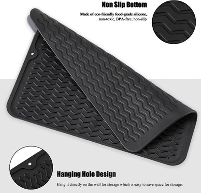 Large 17" x 14" Silicone Dish Drying Mat for Kitchen Counter, Easy clean, Quick Dry, Heat-resistant Dish Drainer Mat for Sink,Refrigerator or Drawer liner (Food Grade Silicone-Black)