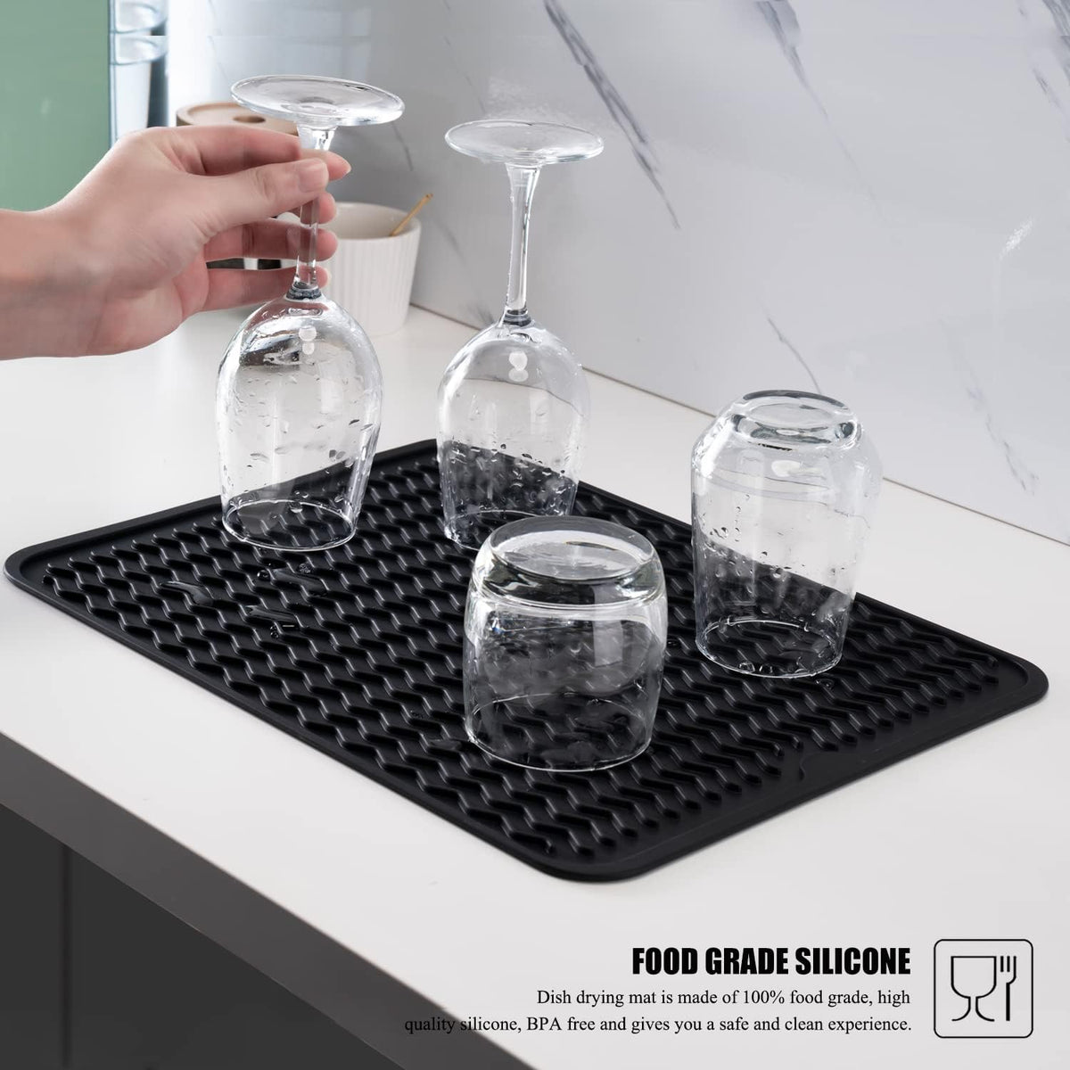 Large 17" x 14" Silicone Dish Drying Mat for Kitchen Counter, Easy clean, Quick Dry, Heat-resistant Dish Drainer Mat for Sink,Refrigerator or Drawer liner (Food Grade Silicone-Black)
