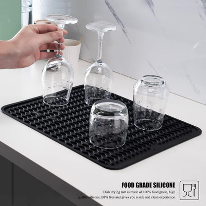 Large 17" x 14" Silicone Dish Drying Mat for Kitchen Counter, Easy clean, Quick Dry, Heat-resistant Dish Drainer Mat for Sink,Refrigerator or Drawer liner (Food Grade Silicone-Black)