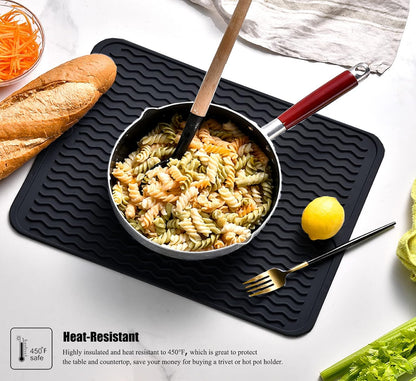 Large 17" x 14" Silicone Dish Drying Mat for Kitchen Counter, Easy clean, Quick Dry, Heat-resistant Dish Drainer Mat for Sink,Refrigerator or Drawer liner (Food Grade Silicone-Black)