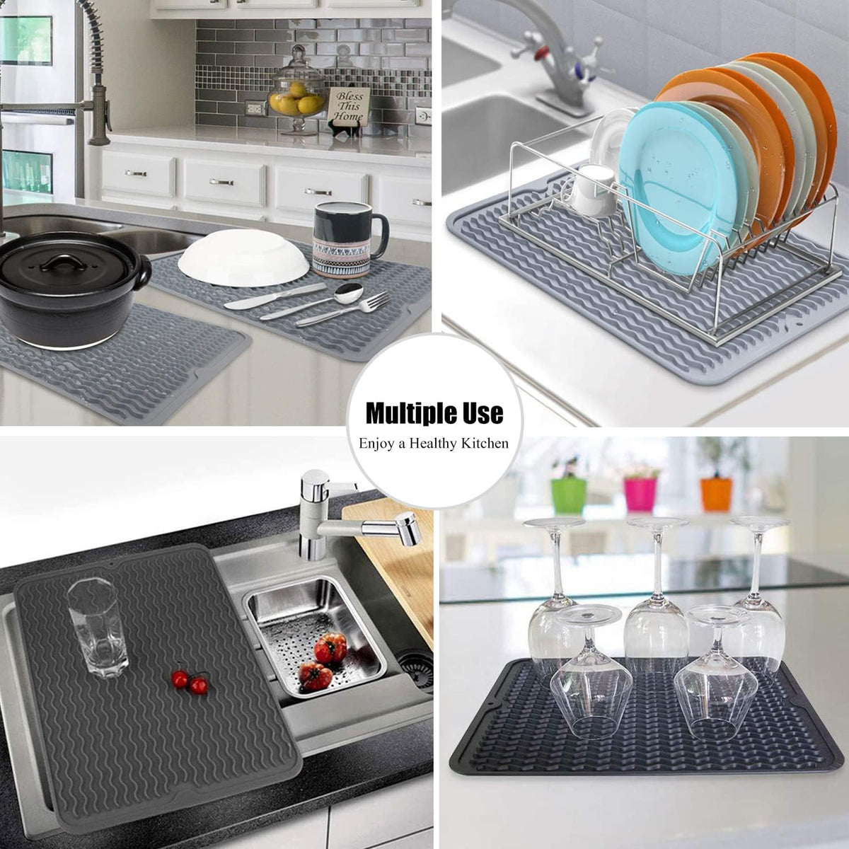 Large 17" x 14" Silicone Dish Drying Mat for Kitchen Counter, Easy clean, Quick Dry, Heat-resistant Dish Drainer Mat for Sink,Refrigerator or Drawer liner (Food Grade Silicone-Black)