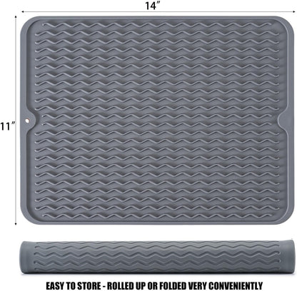 Large 17" x 14" Silicone Dish Drying Mat for Kitchen Counter, Easy clean, Quick Dry, Heat-resistant Dish Drainer Mat for Sink,Refrigerator or Drawer liner (Food Grade Silicone-Black)