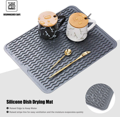 Large 17" x 14" Silicone Dish Drying Mat for Kitchen Counter, Easy clean, Quick Dry, Heat-resistant Dish Drainer Mat for Sink,Refrigerator or Drawer liner (Food Grade Silicone-Black)