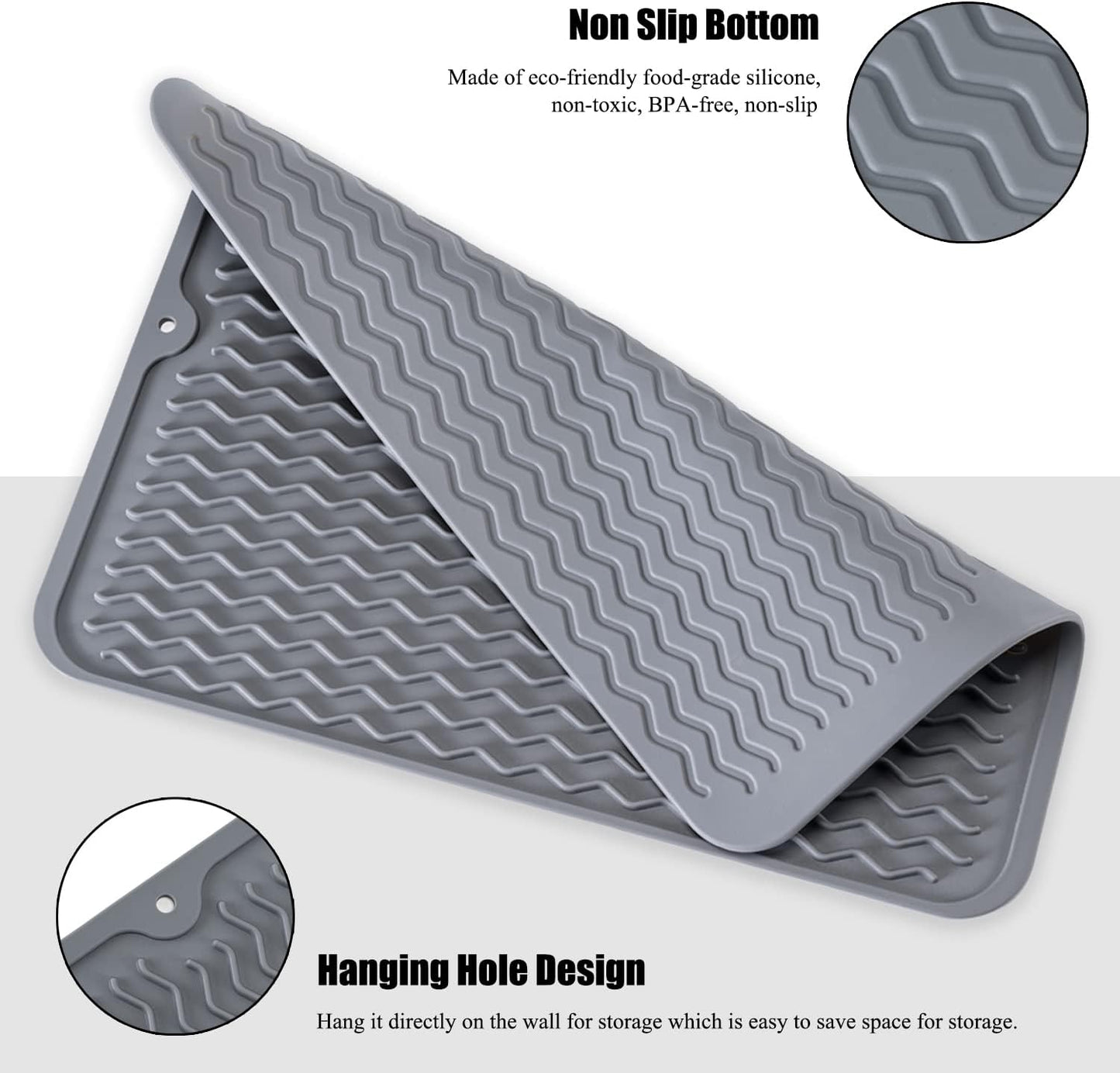 Large 17" x 14" Silicone Dish Drying Mat for Kitchen Counter, Easy clean, Quick Dry, Heat-resistant Dish Drainer Mat for Sink,Refrigerator or Drawer liner (Food Grade Silicone-Black)
