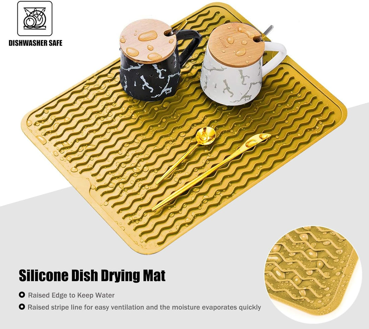 Large 17" x 14" Silicone Dish Drying Mat for Kitchen Counter, Easy clean, Quick Dry, Heat-resistant Dish Drainer Mat for Sink,Refrigerator or Drawer liner (Food Grade Silicone-Black)