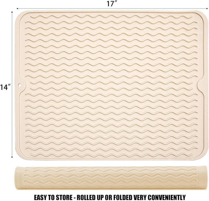 Large 17" x 14" Silicone Dish Drying Mat for Kitchen Counter, Easy clean, Quick Dry, Heat-resistant Dish Drainer Mat for Sink,Refrigerator or Drawer liner (Food Grade Silicone-Black)