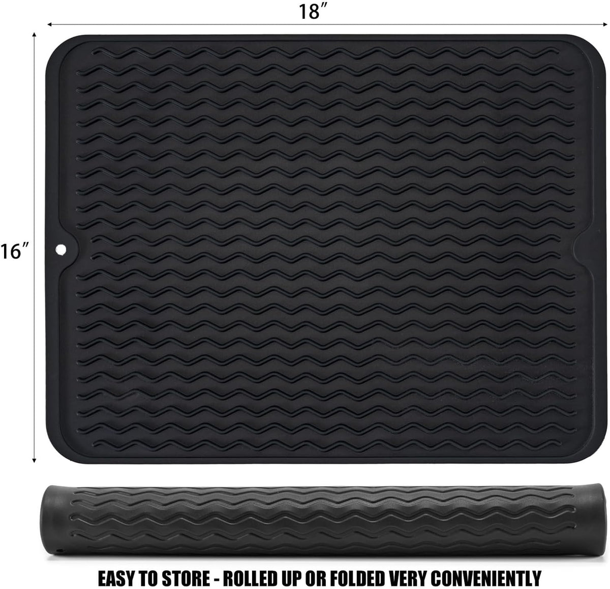 Large 17" x 14" Silicone Dish Drying Mat for Kitchen Counter, Easy clean, Quick Dry, Heat-resistant Dish Drainer Mat for Sink,Refrigerator or Drawer liner (Food Grade Silicone-Black)