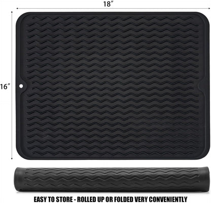 Large 17" x 14" Silicone Dish Drying Mat for Kitchen Counter, Easy clean, Quick Dry, Heat-resistant Dish Drainer Mat for Sink,Refrigerator or Drawer liner (Food Grade Silicone-Black)