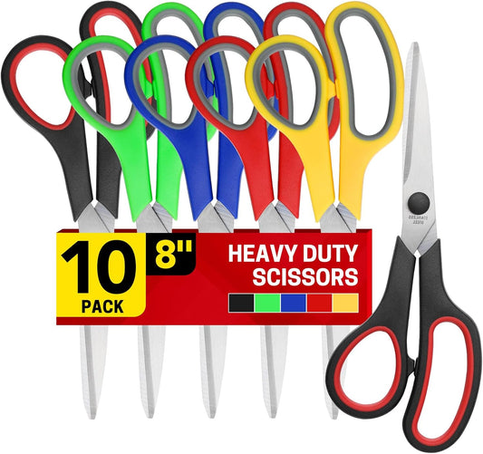 10 Pack 8" Scissors All Purpose, Heavy Duty Scissors for Office | Scissors Bulk Multipurpose Comfort-Grip Sharp Adult Office Scissors Set Sewing Fabric Stainless Steel Blades, Right/Left Hand
