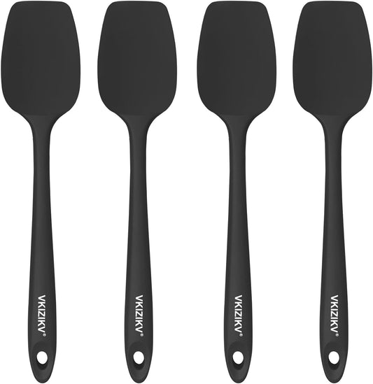 4 Pcs Silicone Spoon Spatula Set, 600°F Heat Resistant (Black) | 11.4 In, Food Grade Rubber Spoonula, Seamless, Stainless Steel Core, Flexible for Cooking, Baking, Non-Stick & Diswasher Safe