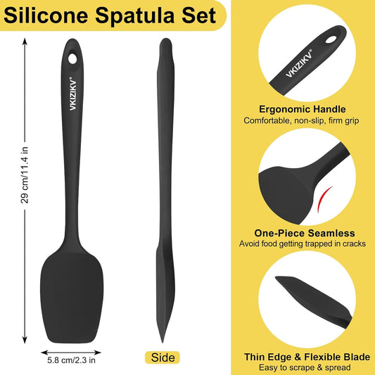 4 Pcs Silicone Spoon Spatula Set, 600°F Heat Resistant (Black) | 11.4 In, Food Grade Rubber Spoonula, Seamless, Stainless Steel Core, Flexible for Cooking, Baking, Non-Stick & Diswasher Safe