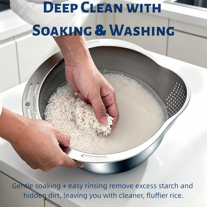 DOPMEP Rice Washer Strainer Bowl Stainless Steel Colander with Side Drainer | Ideal for Soaking, Washing, Cleaning, and Rinsing Rice, Fruits, Vegetables & Beans, Versatile Kitchen Tool