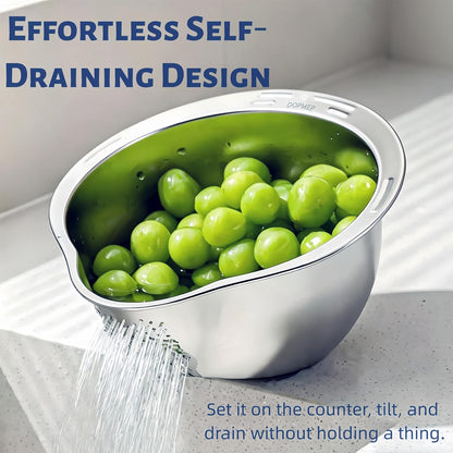 DOPMEP Rice Washer Strainer Bowl Stainless Steel Colander with Side Drainer | Ideal for Soaking, Washing, Cleaning, and Rinsing Rice, Fruits, Vegetables & Beans, Versatile Kitchen Tool