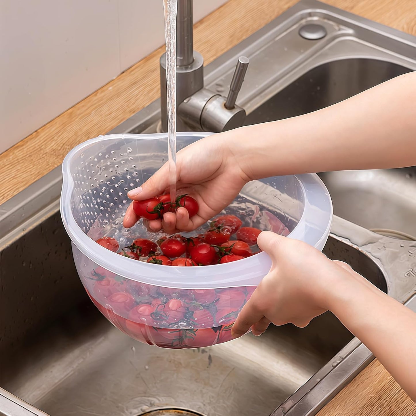 DOPMEP Rice Washer Strainer Bowl Stainless Steel Colander with Side Drainer | Ideal for Soaking, Washing, Cleaning, and Rinsing Rice, Fruits, Vegetables & Beans, Versatile Kitchen Tool