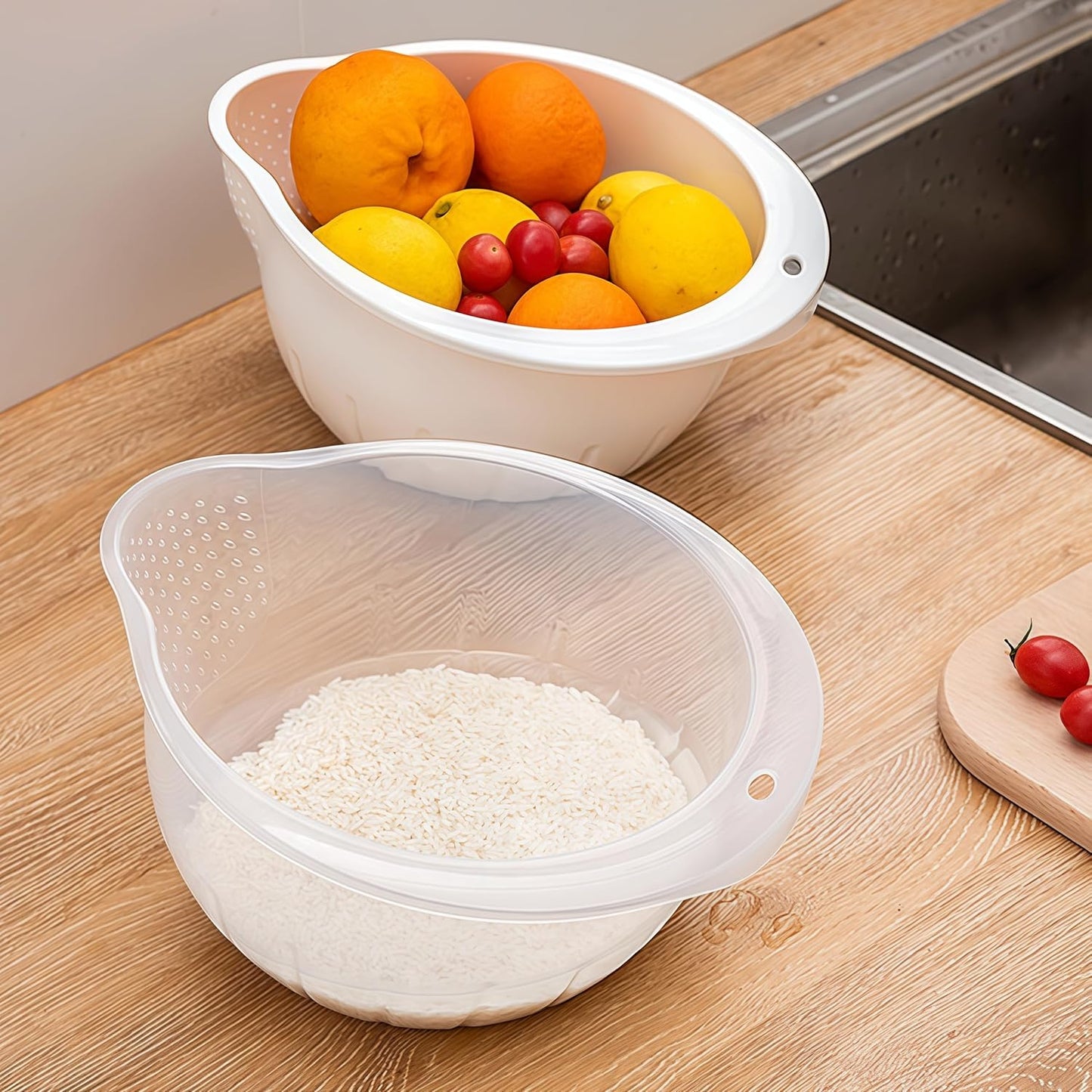 DOPMEP Rice Washer Strainer Bowl Stainless Steel Colander with Side Drainer | Ideal for Soaking, Washing, Cleaning, and Rinsing Rice, Fruits, Vegetables & Beans, Versatile Kitchen Tool