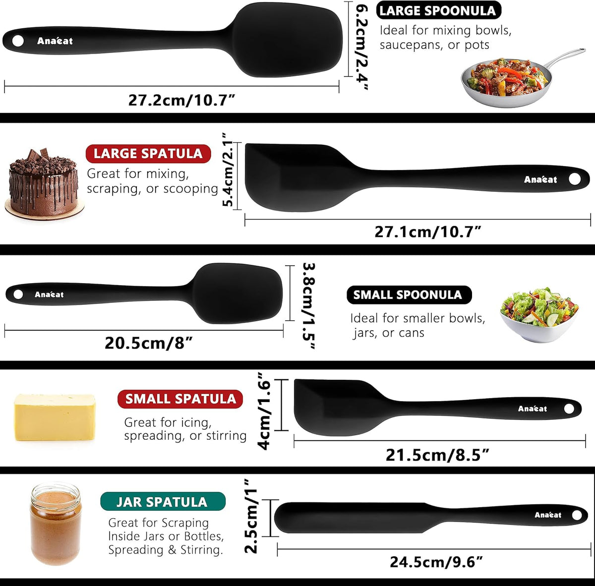 Silicone Spatula Set of 5 - Seamless One-Pieces Design, Non-Stick Rubber Spatulas Kitchen Scraper Flexible for Easy Baking, Cooking, Scraping & Mixing, Heat Resistant & Dishwasher Safe