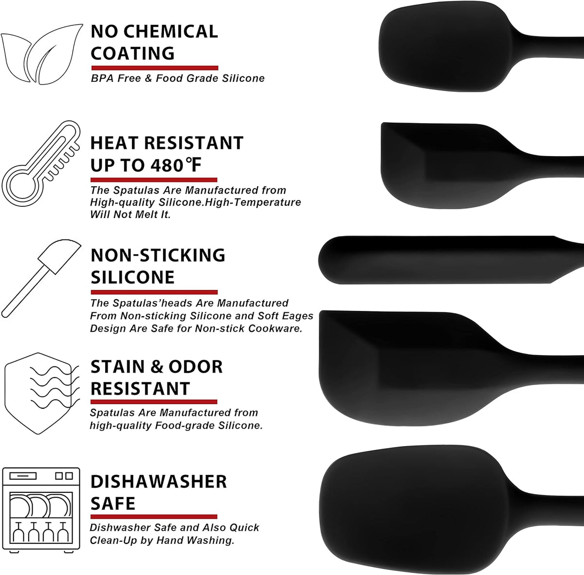 Silicone Spatula Set of 5 - Seamless One-Pieces Design, Non-Stick Rubber Spatulas Kitchen Scraper Flexible for Easy Baking, Cooking, Scraping & Mixing, Heat Resistant & Dishwasher Safe