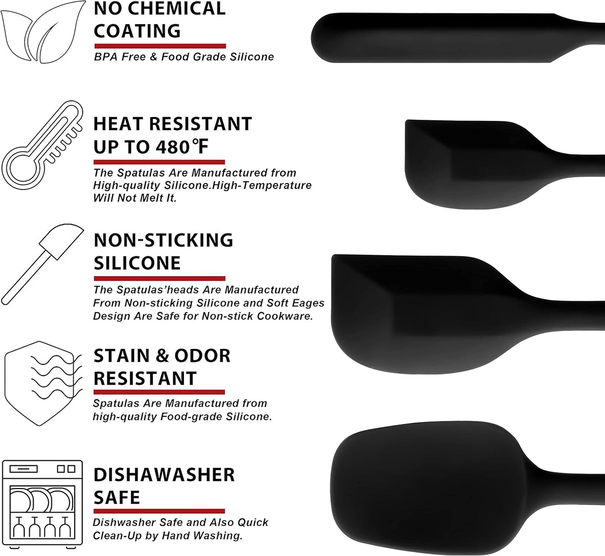 Silicone Spatula Set of 5 - Seamless One-Pieces Design, Non-Stick Rubber Spatulas Kitchen Scraper Flexible for Easy Baking, Cooking, Scraping & Mixing, Heat Resistant & Dishwasher Safe