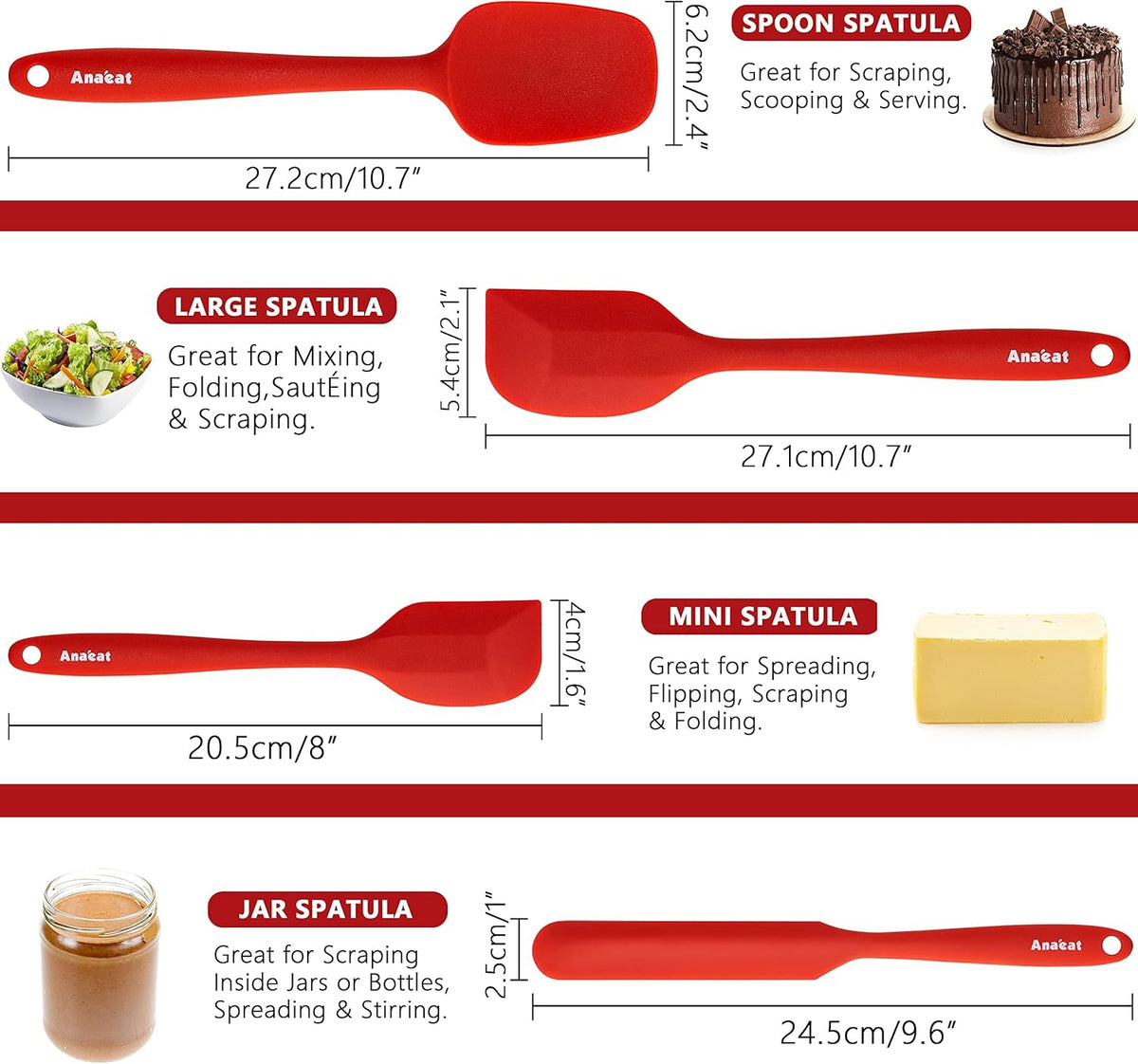Silicone Spatula Set of 5 - Seamless One-Pieces Design, Non-Stick Rubber Spatulas Kitchen Scraper Flexible for Easy Baking, Cooking, Scraping & Mixing, Heat Resistant & Dishwasher Safe