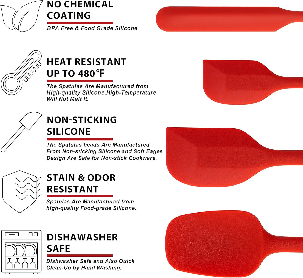 Silicone Spatula Set of 5 - Seamless One-Pieces Design, Non-Stick Rubber Spatulas Kitchen Scraper Flexible for Easy Baking, Cooking, Scraping & Mixing, Heat Resistant & Dishwasher Safe