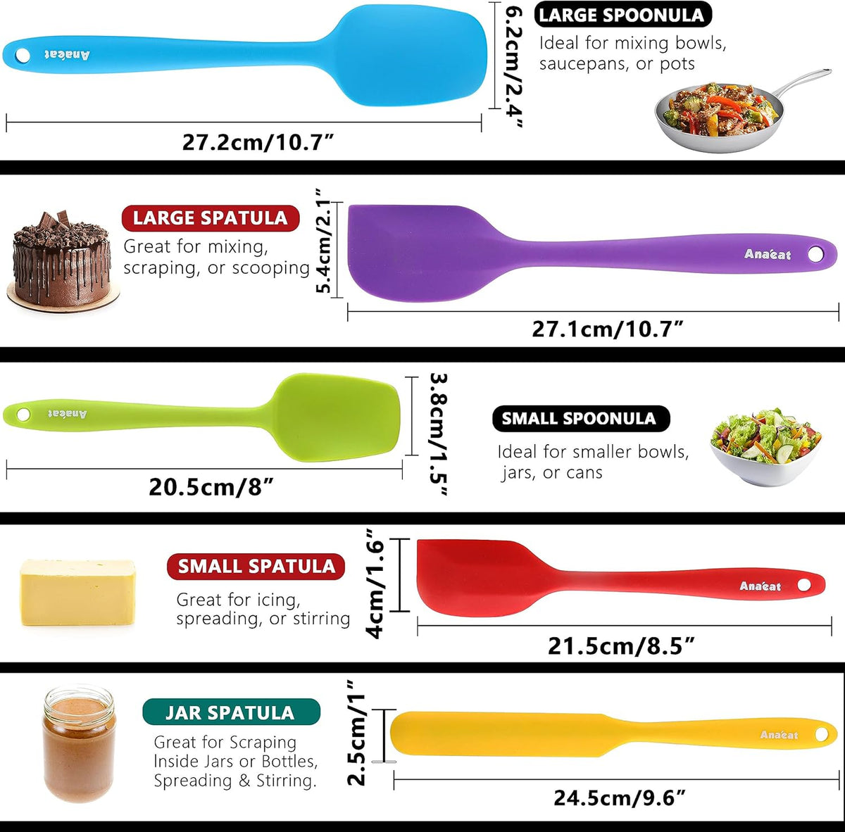 Silicone Spatula Set of 5 - Seamless One-Pieces Design, Non-Stick Rubber Spatulas Kitchen Scraper Flexible for Easy Baking, Cooking, Scraping & Mixing, Heat Resistant & Dishwasher Safe