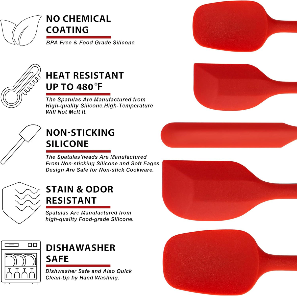 Silicone Spatula Set of 5 - Seamless One-Pieces Design, Non-Stick Rubber Spatulas Kitchen Scraper Flexible for Easy Baking, Cooking, Scraping & Mixing, Heat Resistant & Dishwasher Safe