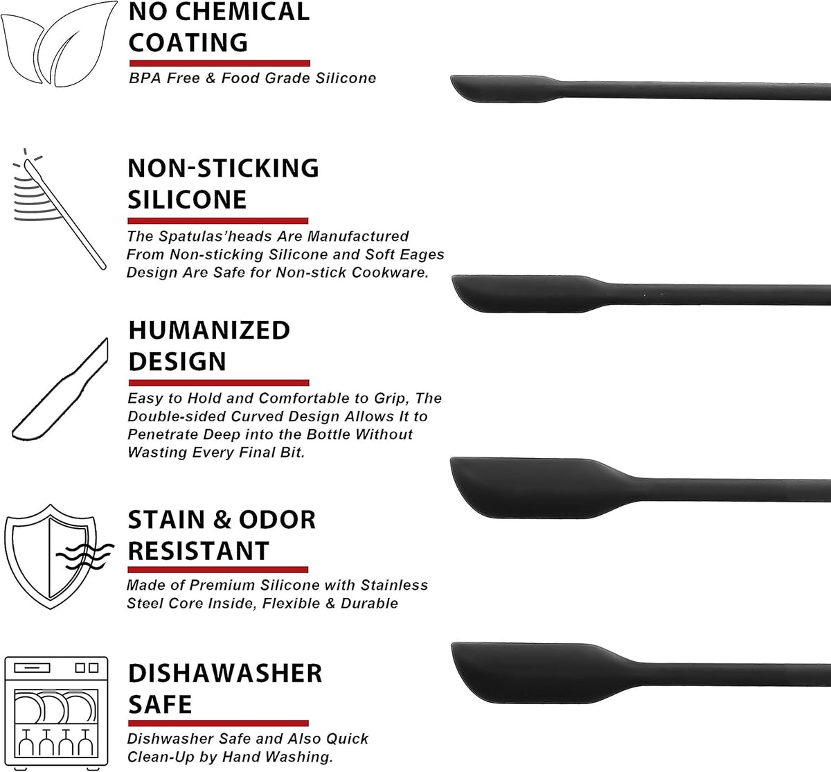 Silicone Spatula Set of 5 - Seamless One-Pieces Design, Non-Stick Rubber Spatulas Kitchen Scraper Flexible for Easy Baking, Cooking, Scraping & Mixing, Heat Resistant & Dishwasher Safe
