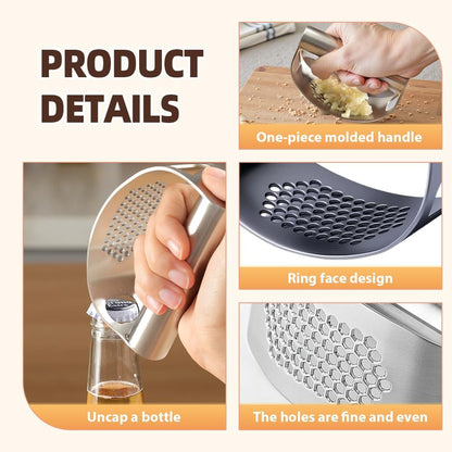 2025 New Stainless Steel Garlic Presser, Portable Manual Stainless Steel Garlic Press for Home Kitchen Utensils, Upgrade Rocker Crusher Masher with Garlic Peeling (1)