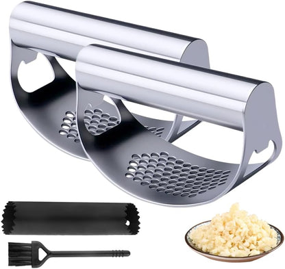 2025 New Stainless Steel Garlic Presser, Portable Manual Stainless Steel Garlic Press for Home Kitchen Utensils, Upgrade Rocker Crusher Masher with Garlic Peeling (1)