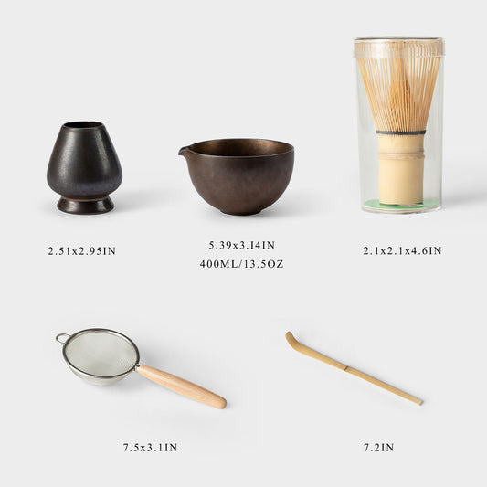 Matcha Whisk Set, Matcha Set with Ceramic Matcha Bowl, Bamboo Whisk & Holder, Sifter, Tea Scoop (Black Gold)
