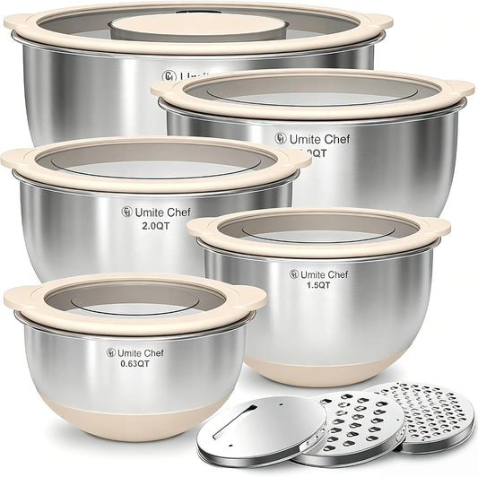 Mixing Bowles Set with Lids Set - Warp-Proof TPR-AS Lids, Stainless Steel Mixing Bowl with 3 Graters & Measuring Lines, Non-Slip Bowls for Baking, Prep, Airtight Food Storage (Khaki 5/3/2/1.5/0.63QT)