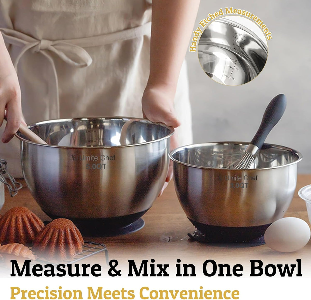 Mixing Bowles Set with Lids Set - Warp-Proof TPR-AS Lids, Stainless Steel Mixing Bowl with 3 Graters & Measuring Lines, Non-Slip Bowls for Baking, Prep, Airtight Food Storage (Khaki 5/3/2/1.5/0.63QT)