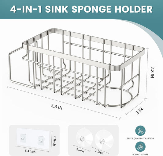 4-in-1 Sponge Holder for Kitchen Sink, Sink Caddy Organizers and Storage with Adhesive Hook & Suction Cups, Rustproof Kitchen Sink Organizer for Home Decor - Silver