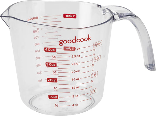 Everyday 4-Cup Liquid Measuring Cup, Clear Plastic with Easy-to-Read Markings, Tapered Pour Spout, Comfortable Handle, Measures in Cups, Ounces, Pints, and Milliliters