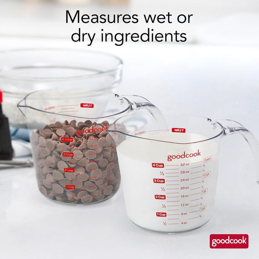 Everyday 4-Cup Liquid Measuring Cup, Clear Plastic with Easy-to-Read Markings, Tapered Pour Spout, Comfortable Handle, Measures in Cups, Ounces, Pints, and Milliliters
