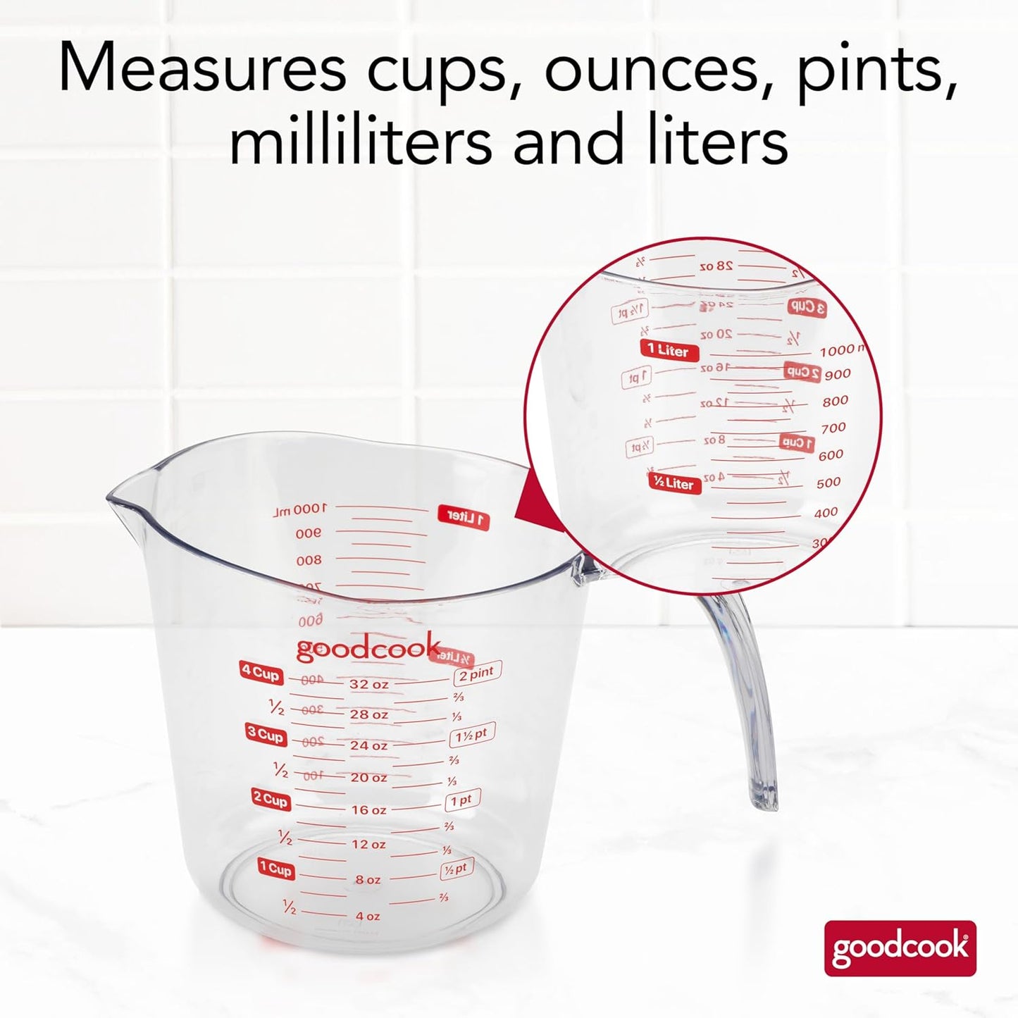 Everyday 4-Cup Liquid Measuring Cup, Clear Plastic with Easy-to-Read Markings, Tapered Pour Spout, Comfortable Handle, Measures in Cups, Ounces, Pints, and Milliliters