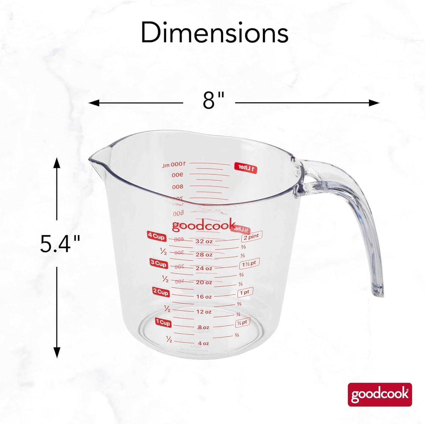 Everyday 4-Cup Liquid Measuring Cup, Clear Plastic with Easy-to-Read Markings, Tapered Pour Spout, Comfortable Handle, Measures in Cups, Ounces, Pints, and Milliliters