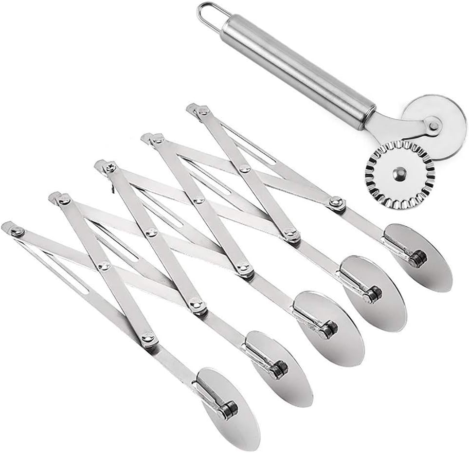 2 Pcs 5 Wheel Pastry Cutter Pizza Cutter Stainless Steel Knife | Multi-round Slicer Wheels, Expandable Roller Dough Divider Tools, Baking Pies Cookies Waffles Lattice Cutting Sheets Gears