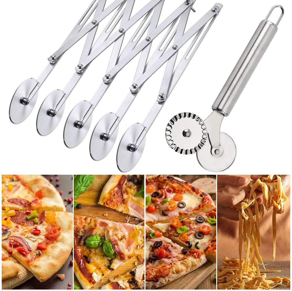 2 Pcs 5 Wheel Pastry Cutter Pizza Cutter Stainless Steel Knife | Multi-round Slicer Wheels, Expandable Roller Dough Divider Tools, Baking Pies Cookies Waffles Lattice Cutting Sheets Gears