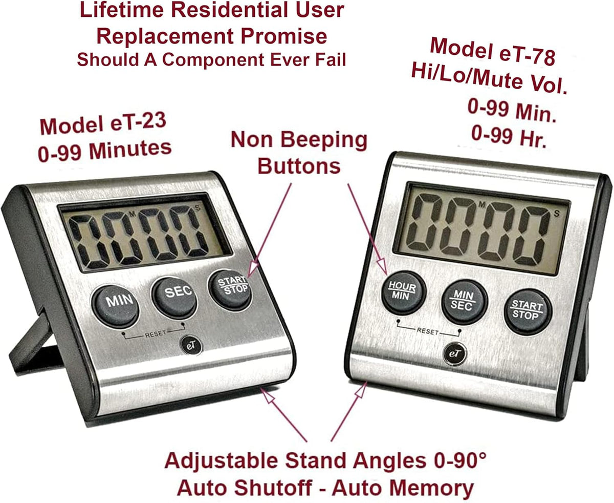 Elegant Digital Kitchen Timer Stainless Steel - Loud Alarm - Model eT-23