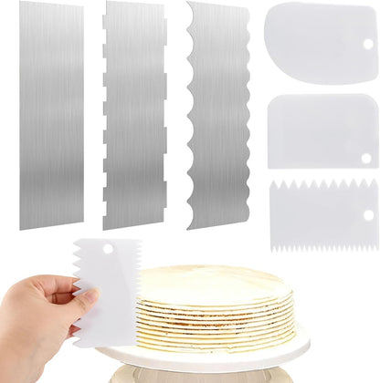 Cake Scraper Set 6 Piece Buttercream Icing Smoother Tools | Cake scraper set with stainless steel and plastic icing smoothers for buttercream frosting stripes cake decorating