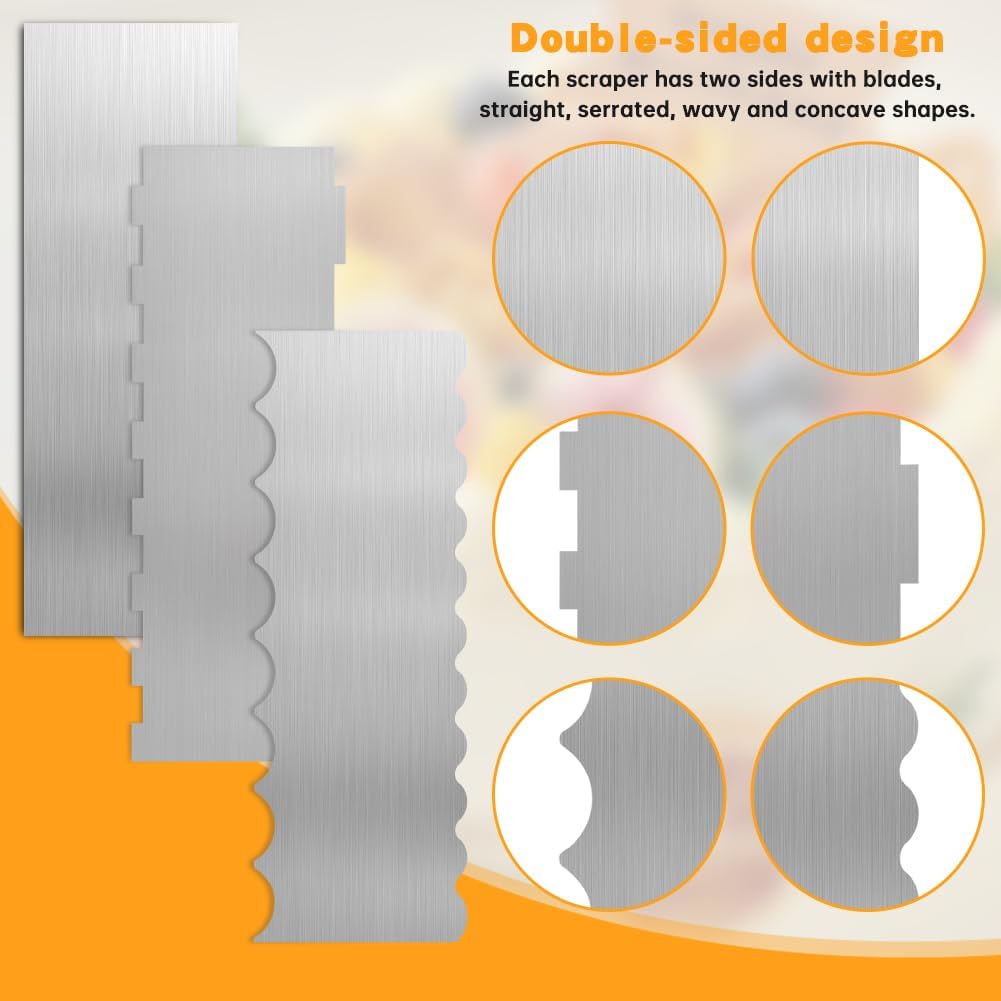 Cake Scraper Set 6 Piece Buttercream Icing Smoother Tools | Cake scraper set with stainless steel and plastic icing smoothers for buttercream frosting stripes cake decorating