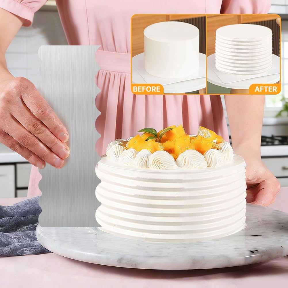 Cake Scraper Set 6 Piece Buttercream Icing Smoother Tools | Cake scraper set with stainless steel and plastic icing smoothers for buttercream frosting stripes cake decorating